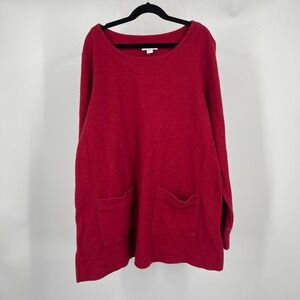 J Jill Oversized Long Sleeve Tunic Top Red Small Casual Slub Knit Pockets Fall